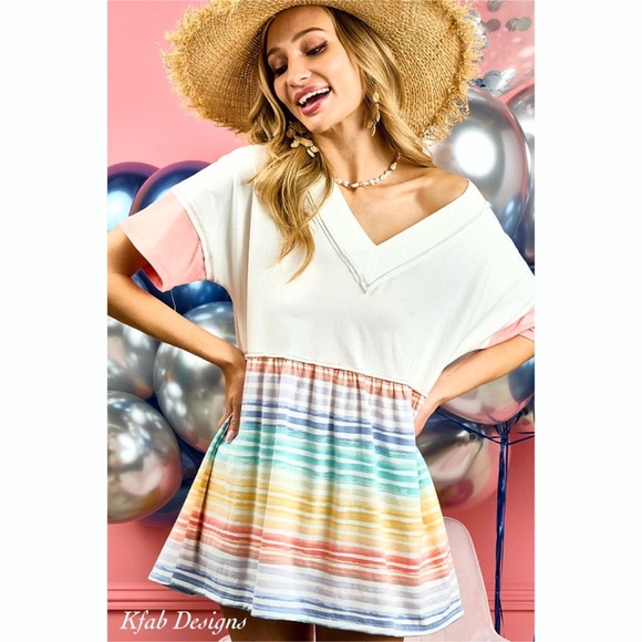 Tops - Last 1! V Neck Super Soft Jersey Knit Striped Contrast Stitch Top!